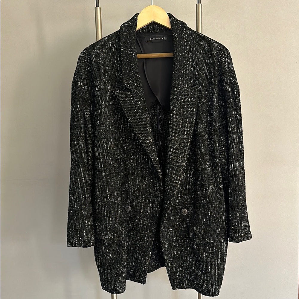 Zara Woman long blazer jacket. Double breasted. Black with white speckles. SM